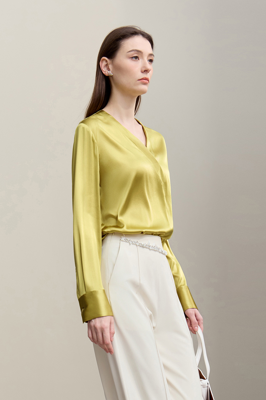 V-Neck Asymmetrical Placket Silk Top