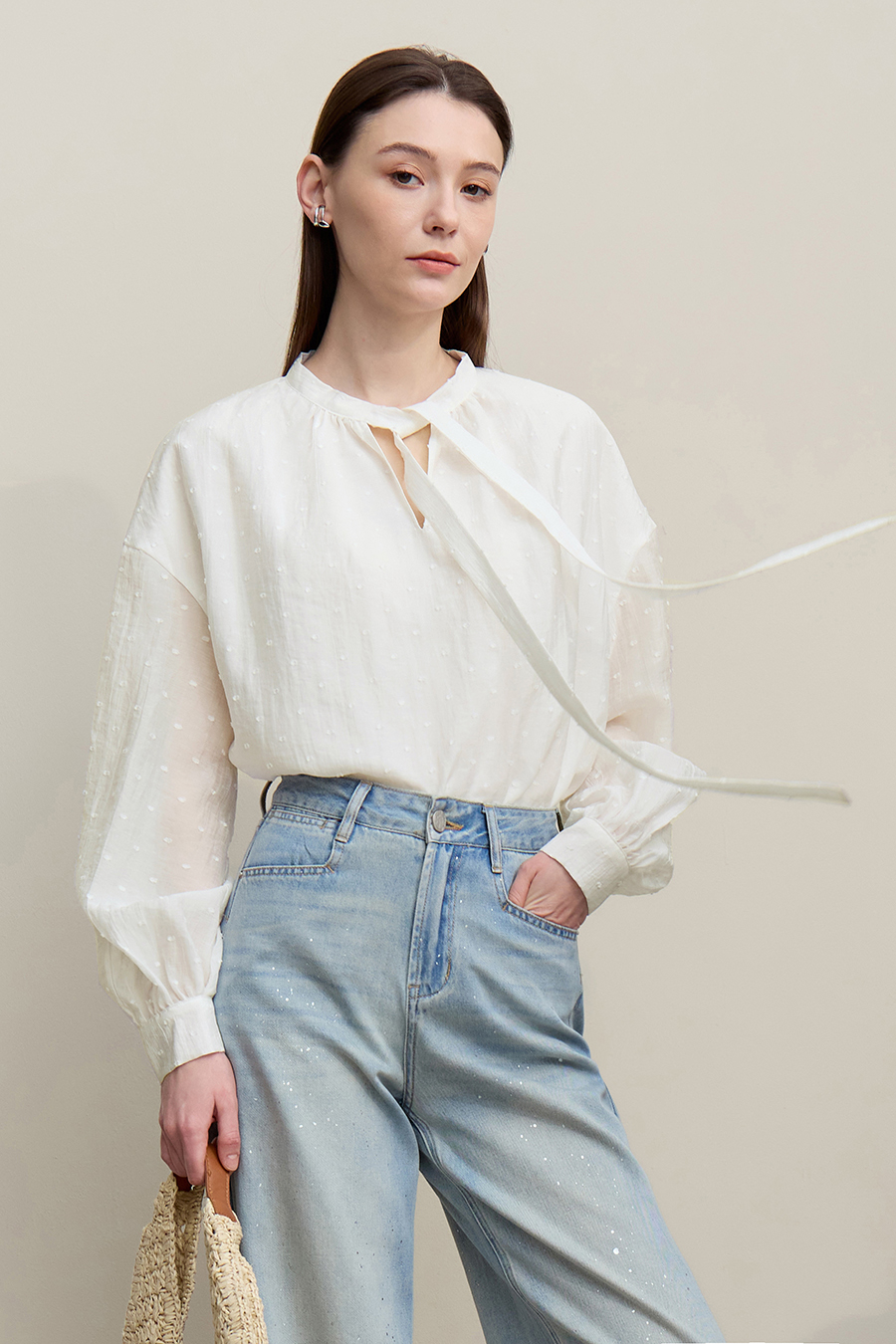 Tie Neck Jacquard Chiffon Top