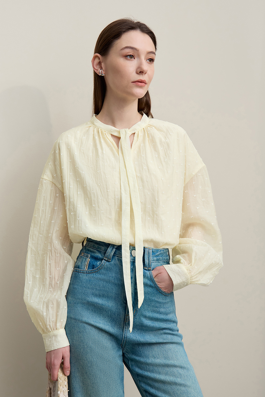 Tie Neck Jacquard Chiffon Top