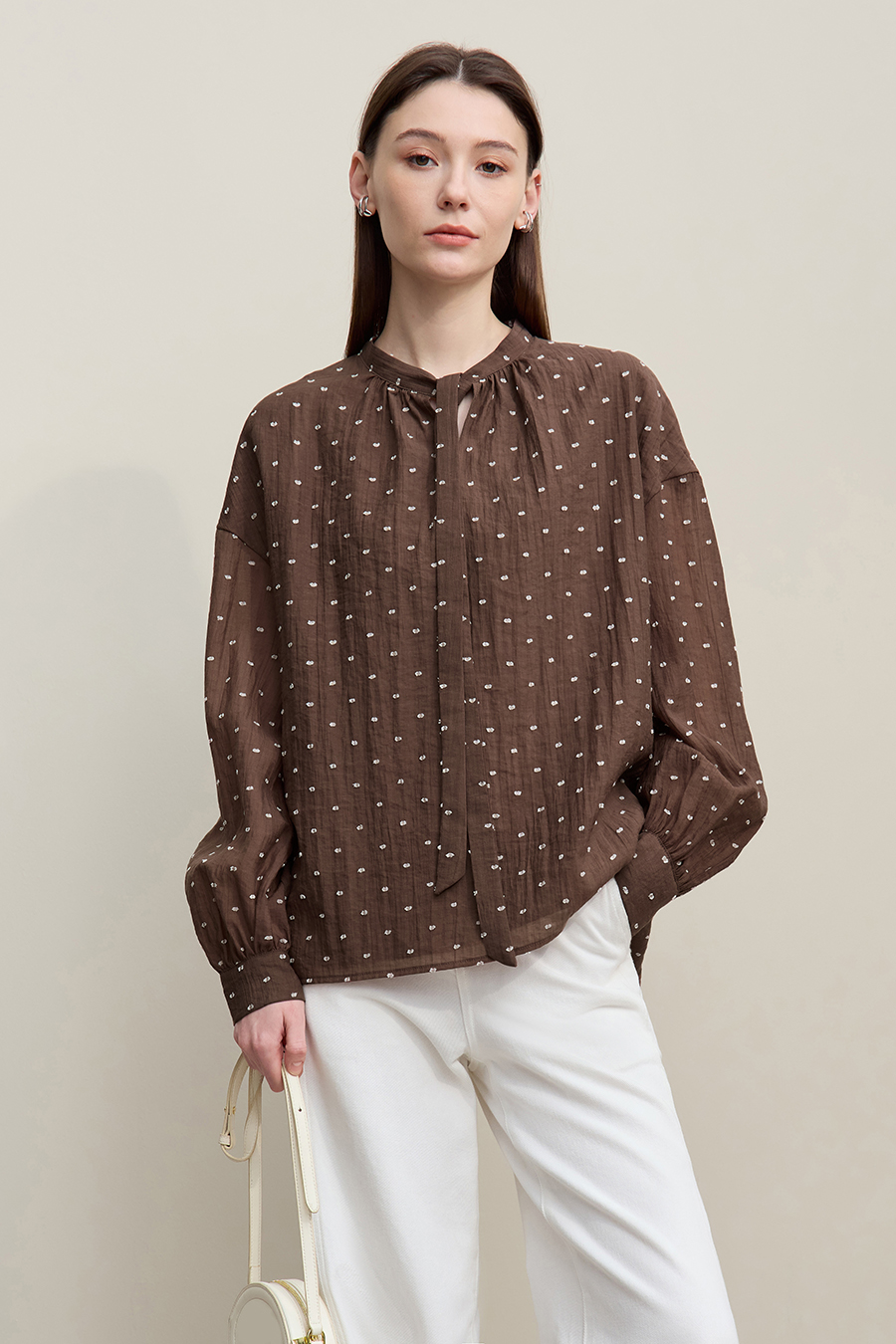 Tie Neck Jacquard Chiffon Top