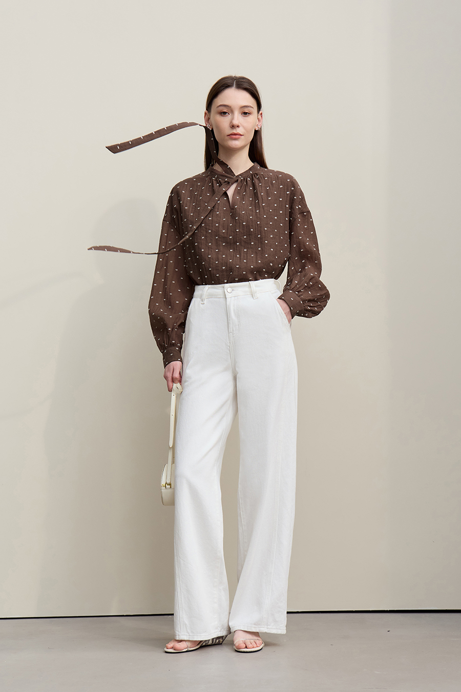 Tie Neck Jacquard Chiffon Top