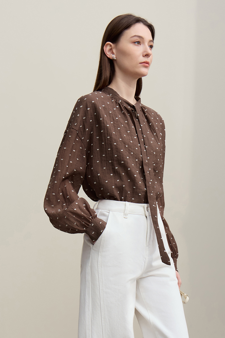 Tie Neck Jacquard Chiffon Top