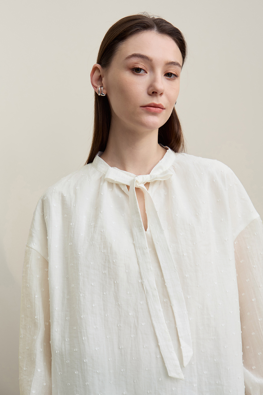 Tie Neck Jacquard Chiffon Top