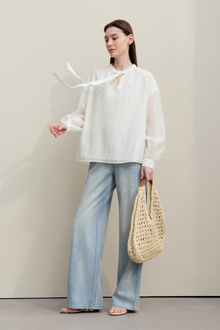 Tie Neck Jacquard Chiffon Top