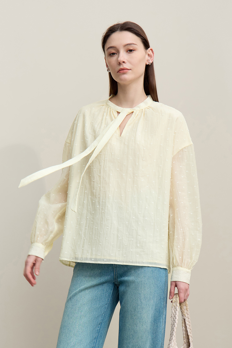 Tie Neck Jacquard Chiffon Top
