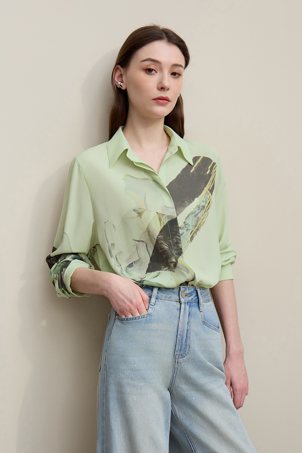 Lapel Print Chiffon Shirt