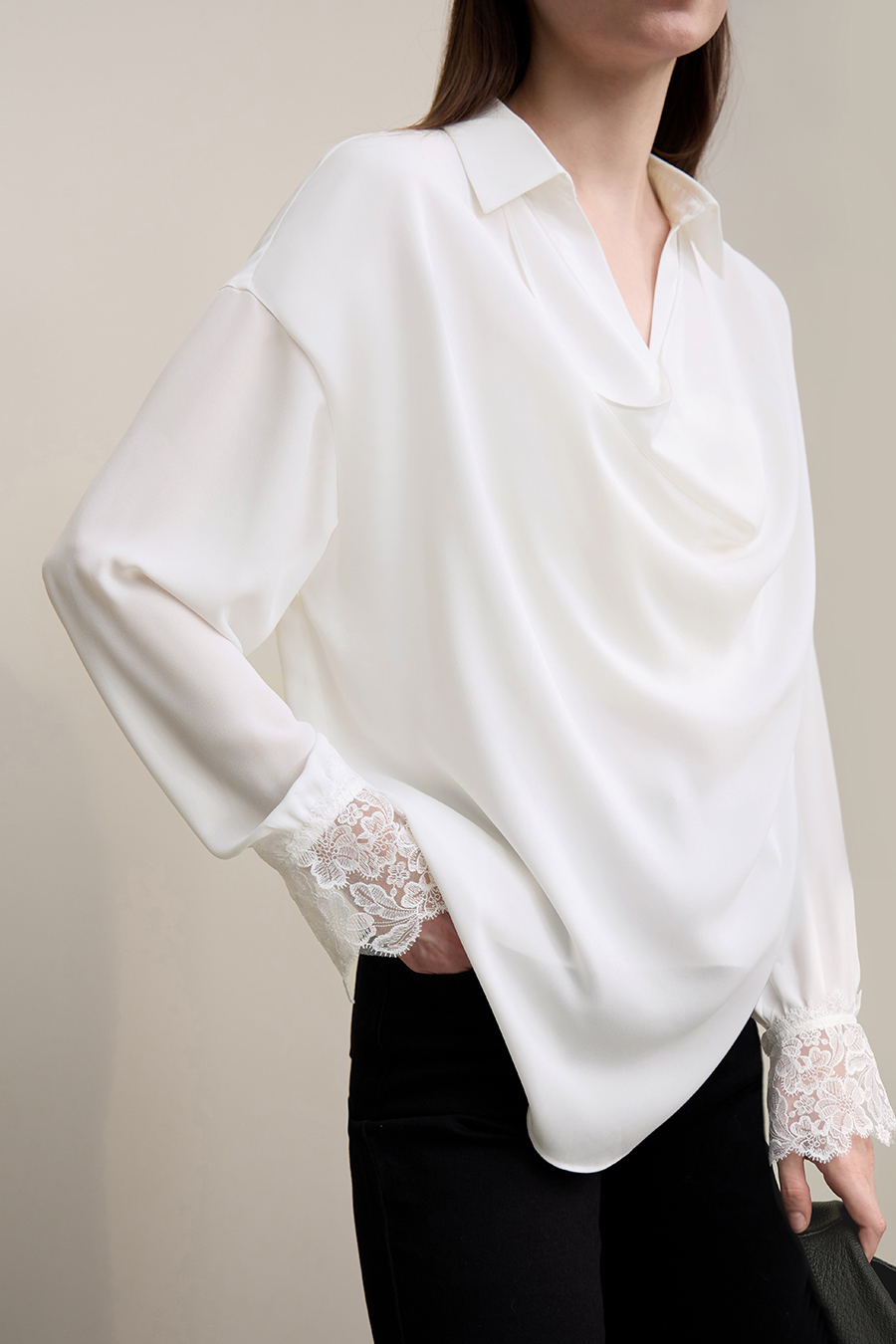 Lapel Lace Spliced Chiffon Blouse