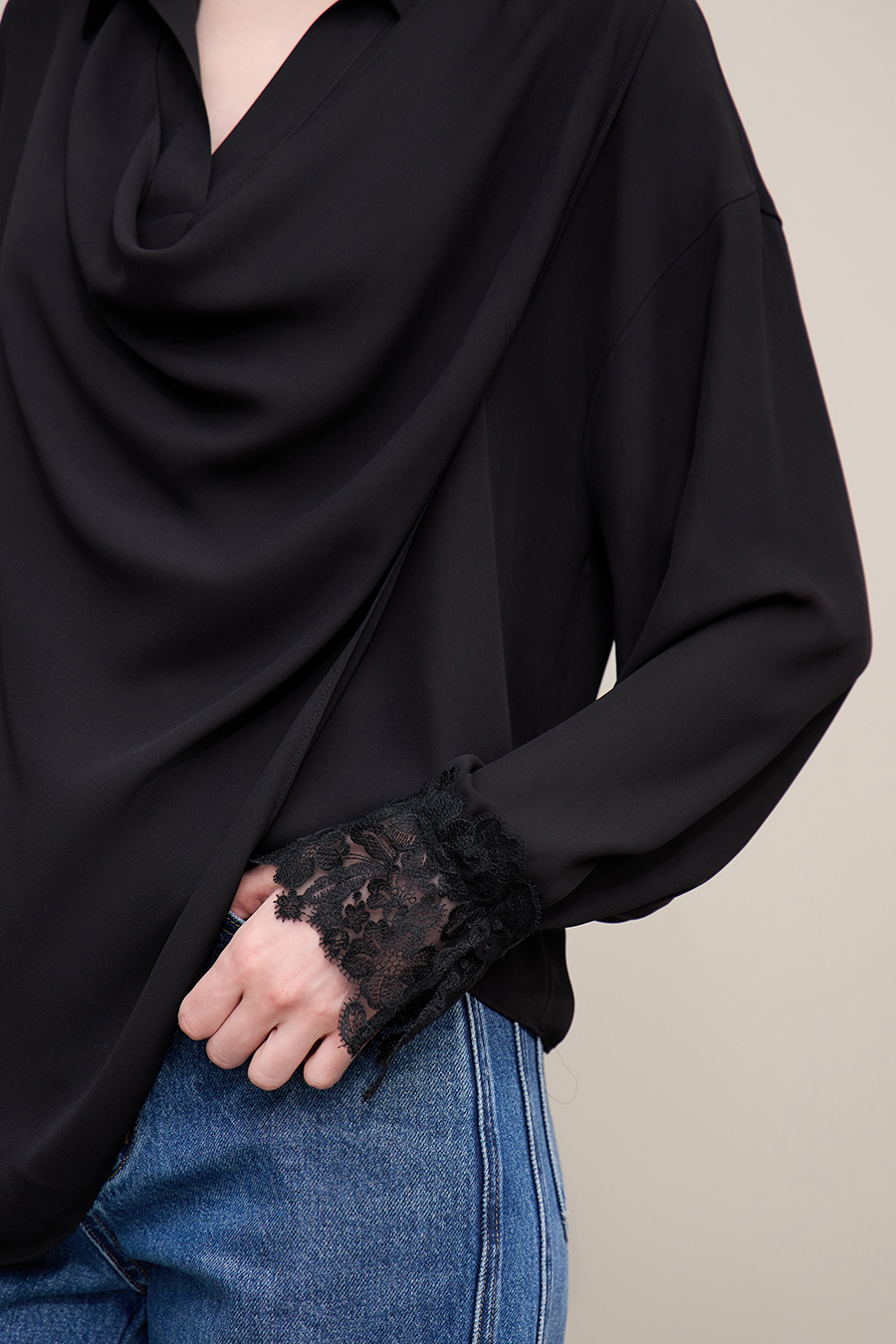 Lapel Lace Spliced Chiffon Blouse