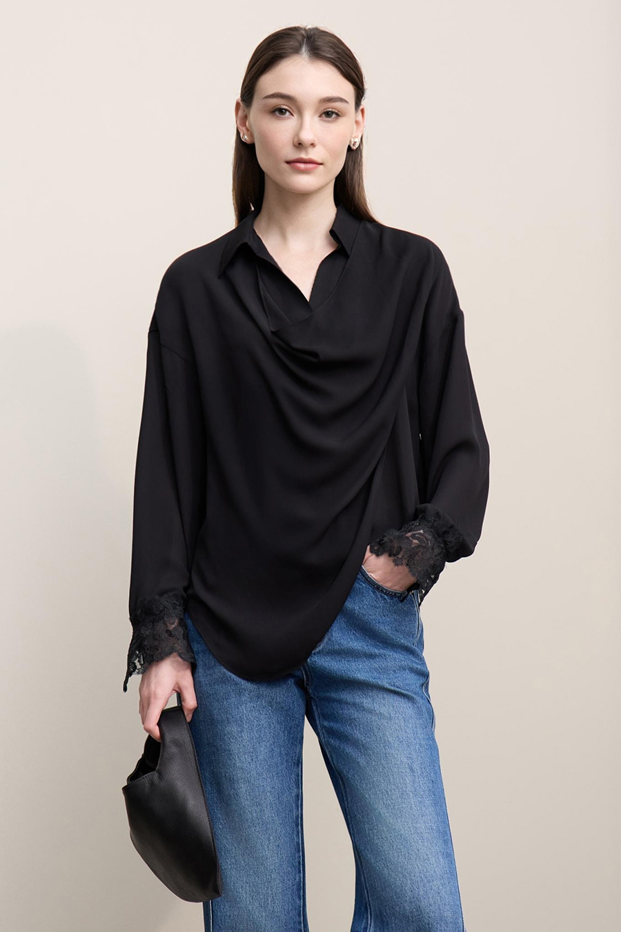 Lapel Lace Spliced Chiffon Blouse