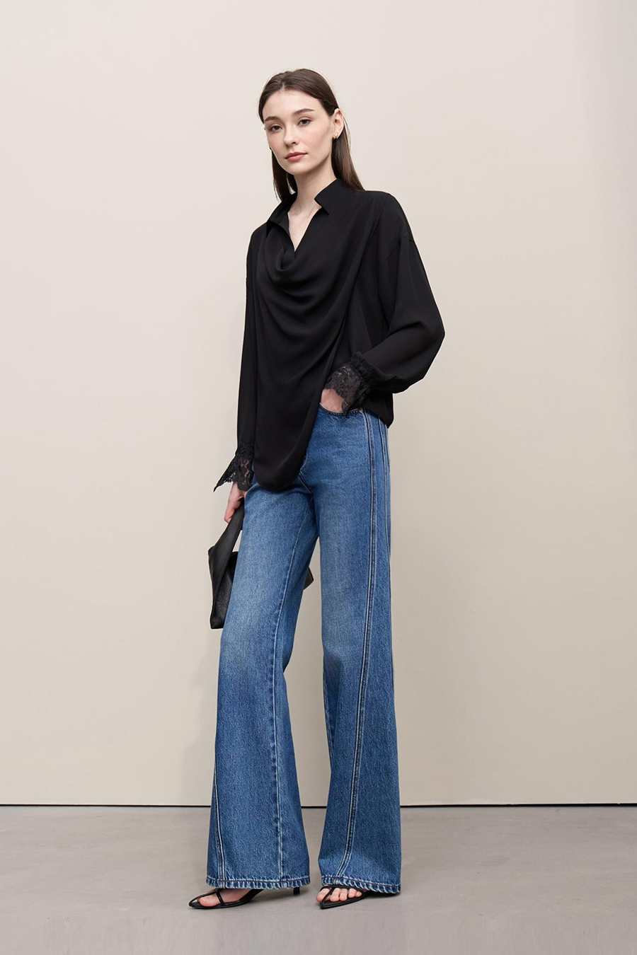 Lapel Lace Spliced Chiffon Blouse