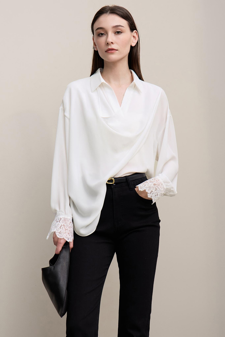 Lapel Lace Spliced Chiffon Blouse
