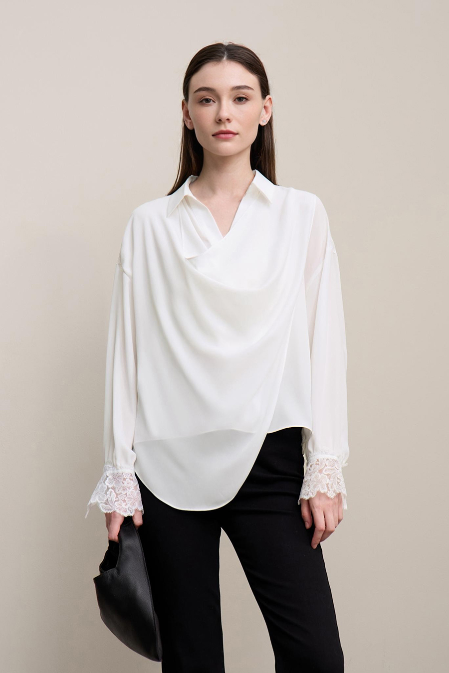 Lapel Lace Spliced Chiffon Blouse