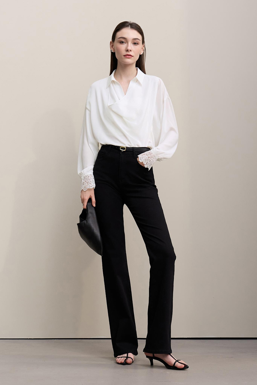 Lapel Lace Spliced Chiffon Blouse