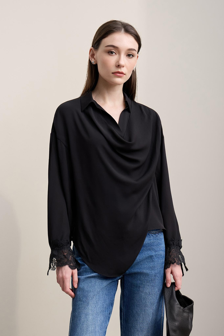 Lapel Lace Spliced Chiffon Blouse