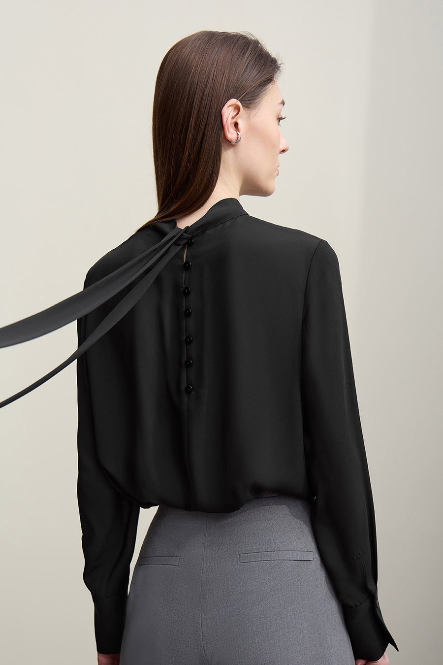 Stand Collar Tie Chiffon Blouse