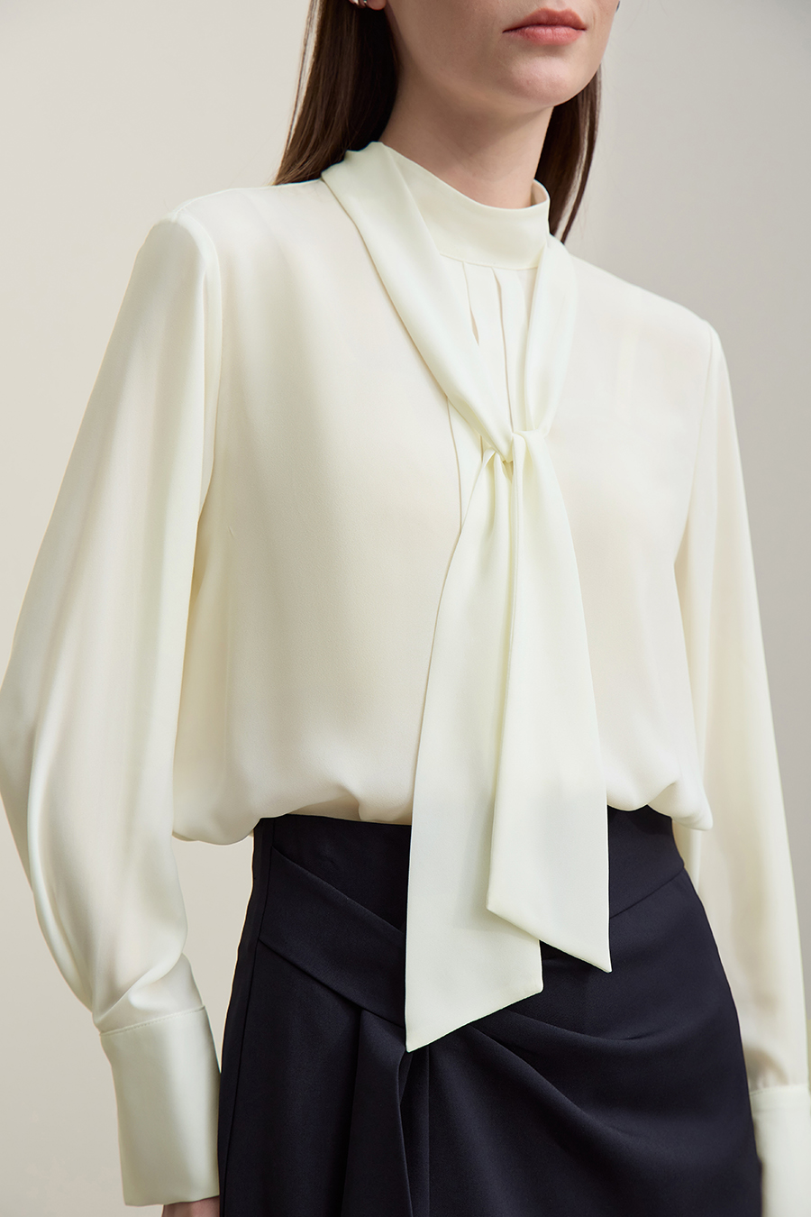 Stand Collar Tie Chiffon Blouse