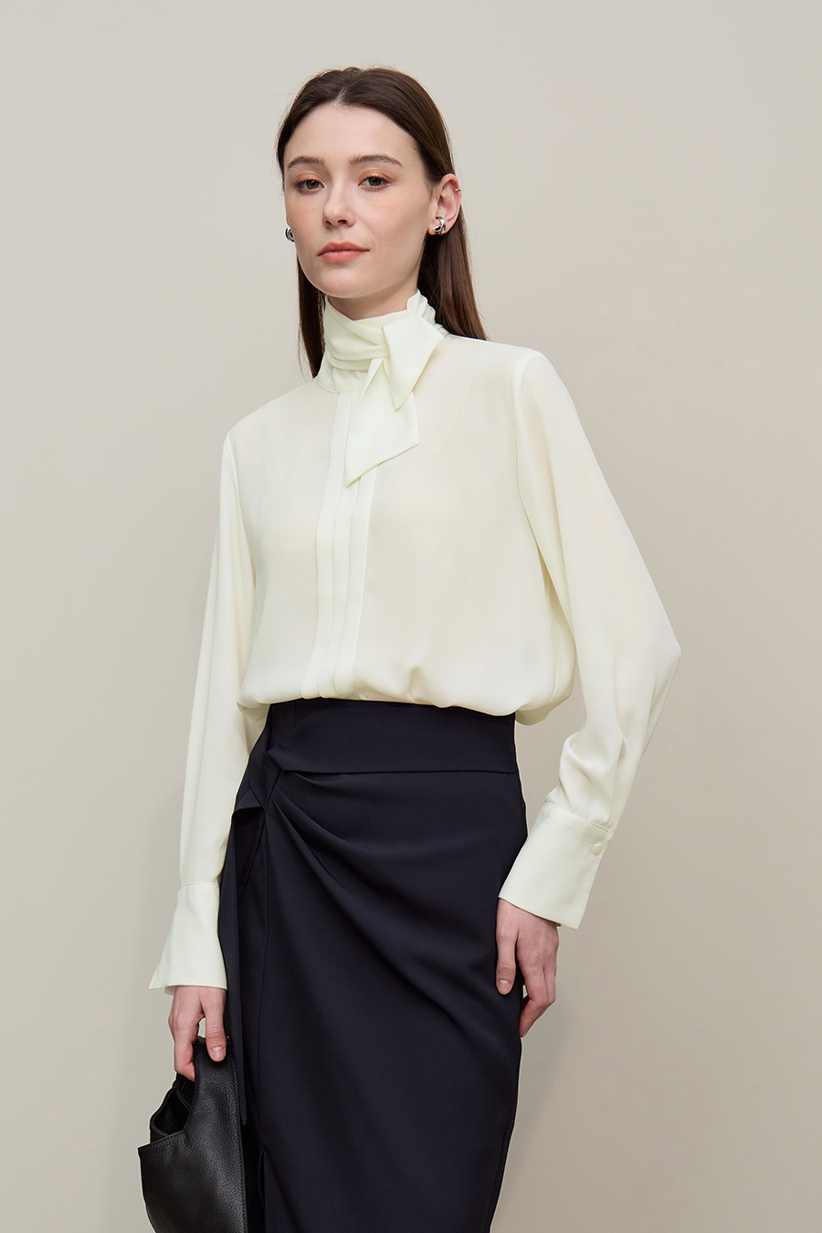 Stand Collar Tie Chiffon Blouse