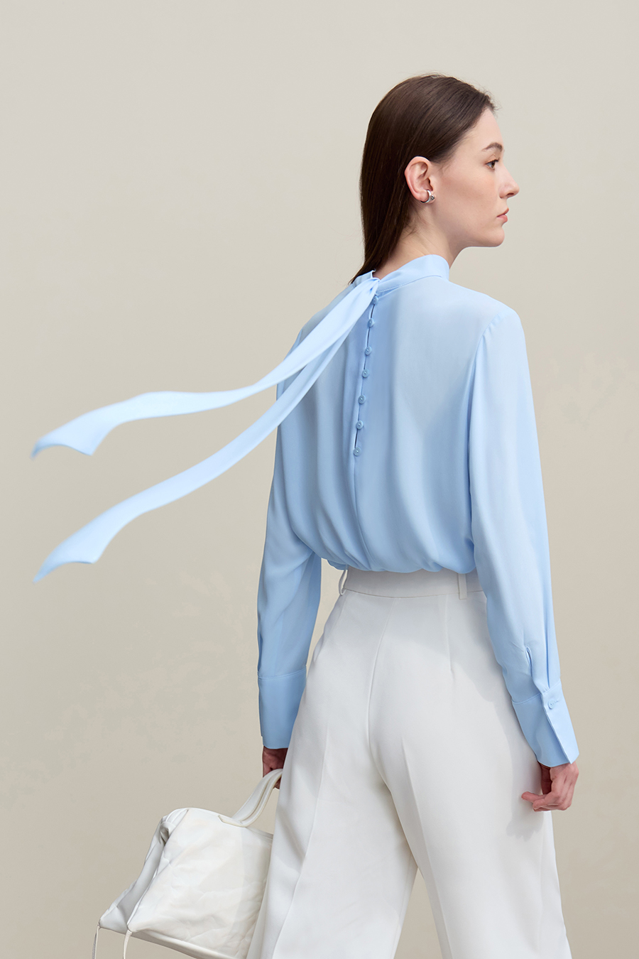 Stand Collar Tie Chiffon Blouse