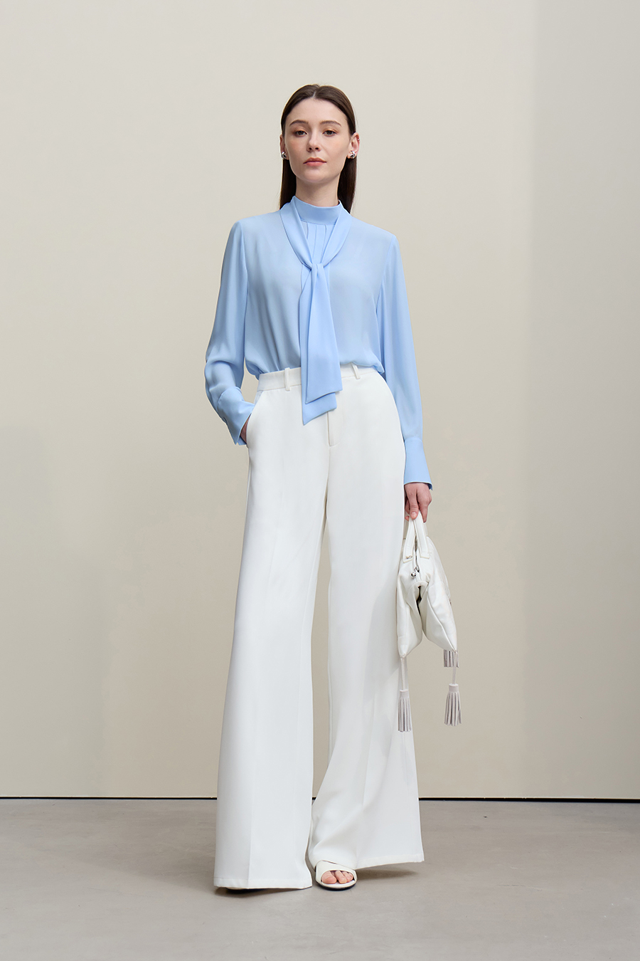 Stand Collar Tie Chiffon Blouse