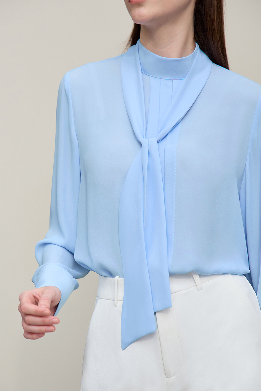 Stand Collar Tie Chiffon Blouse