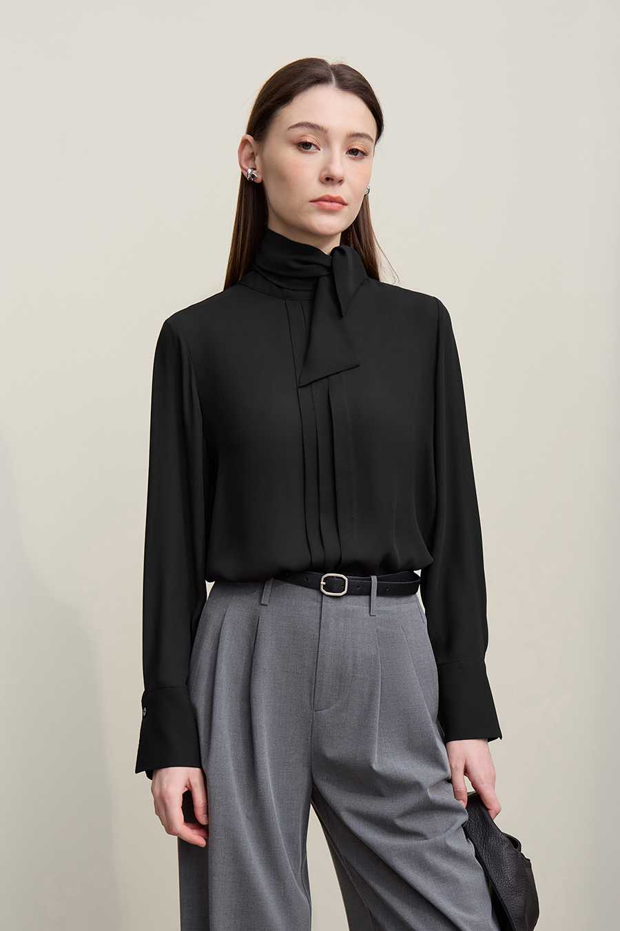 Stand Collar Tie Chiffon Blouse