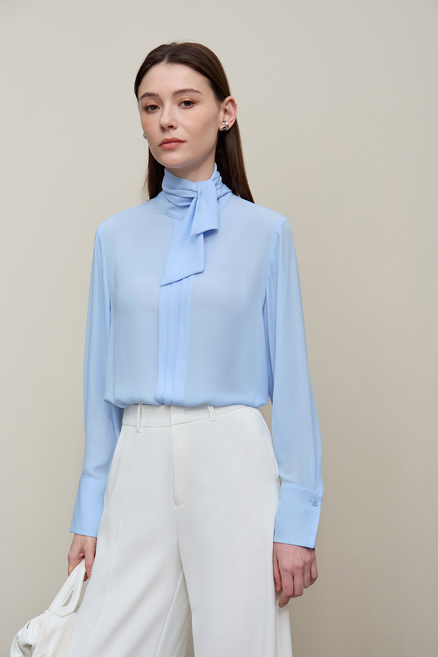 Stand Collar Tie Chiffon Blouse