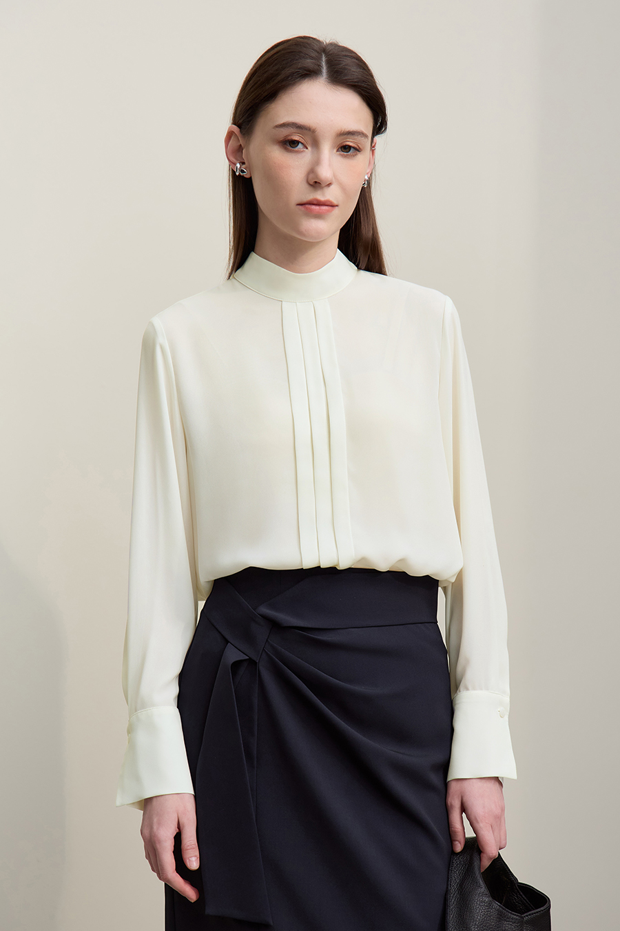 Stand Collar Tie Chiffon Blouse