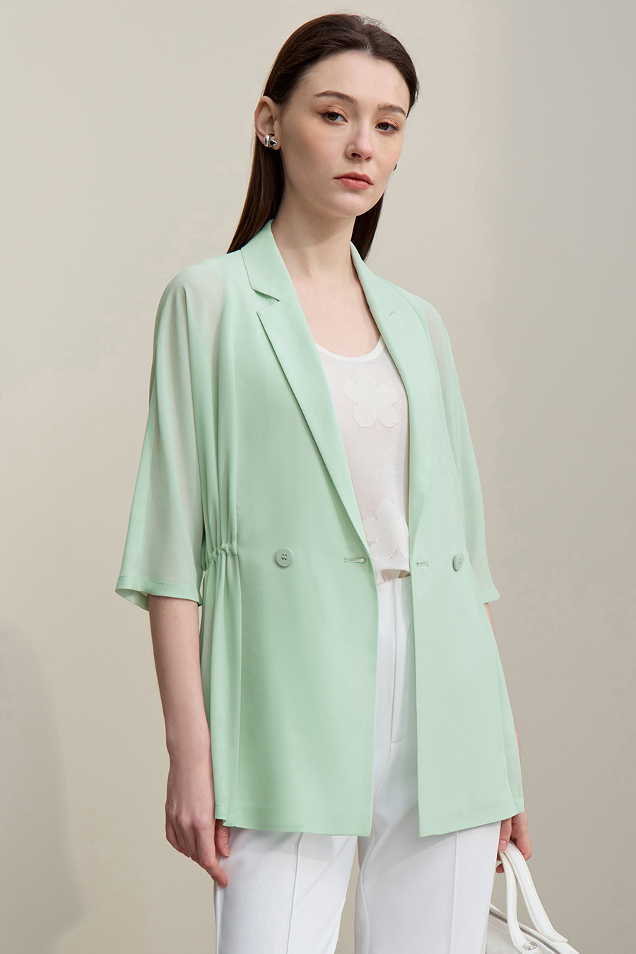 Lapel Collar Chiffon Blazer