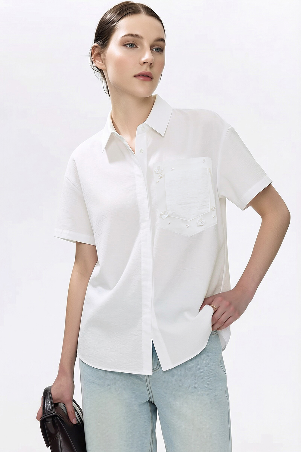 Beaded Floral Lapel Shirt|AMII