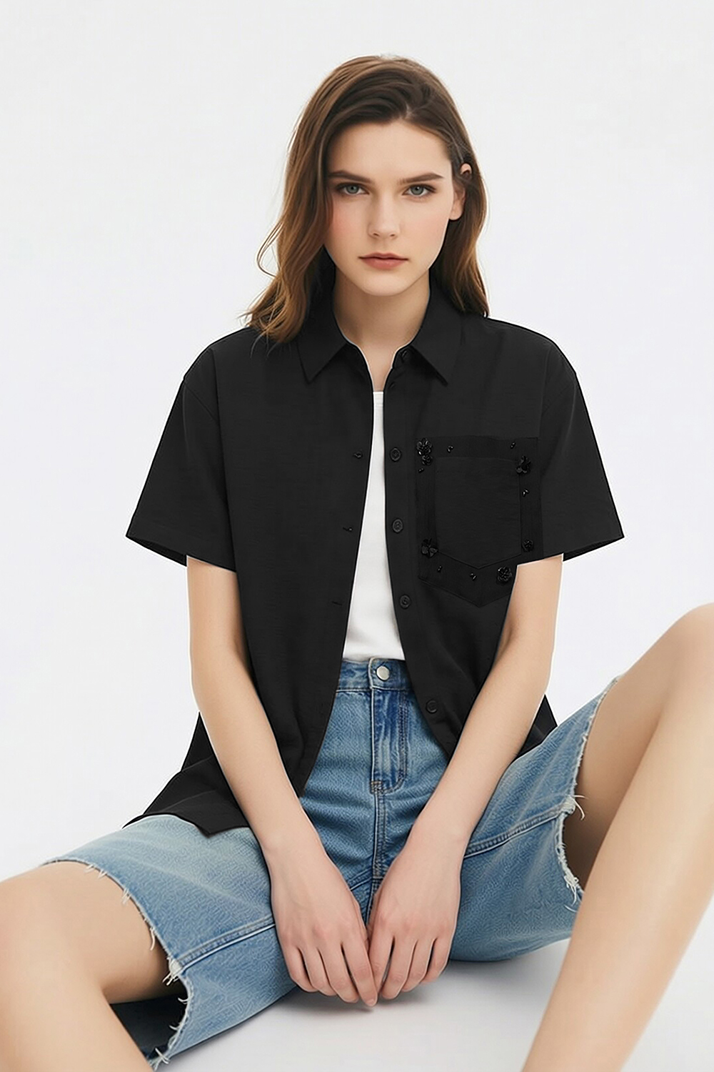 Beaded Floral Lapel Shirt|AMII