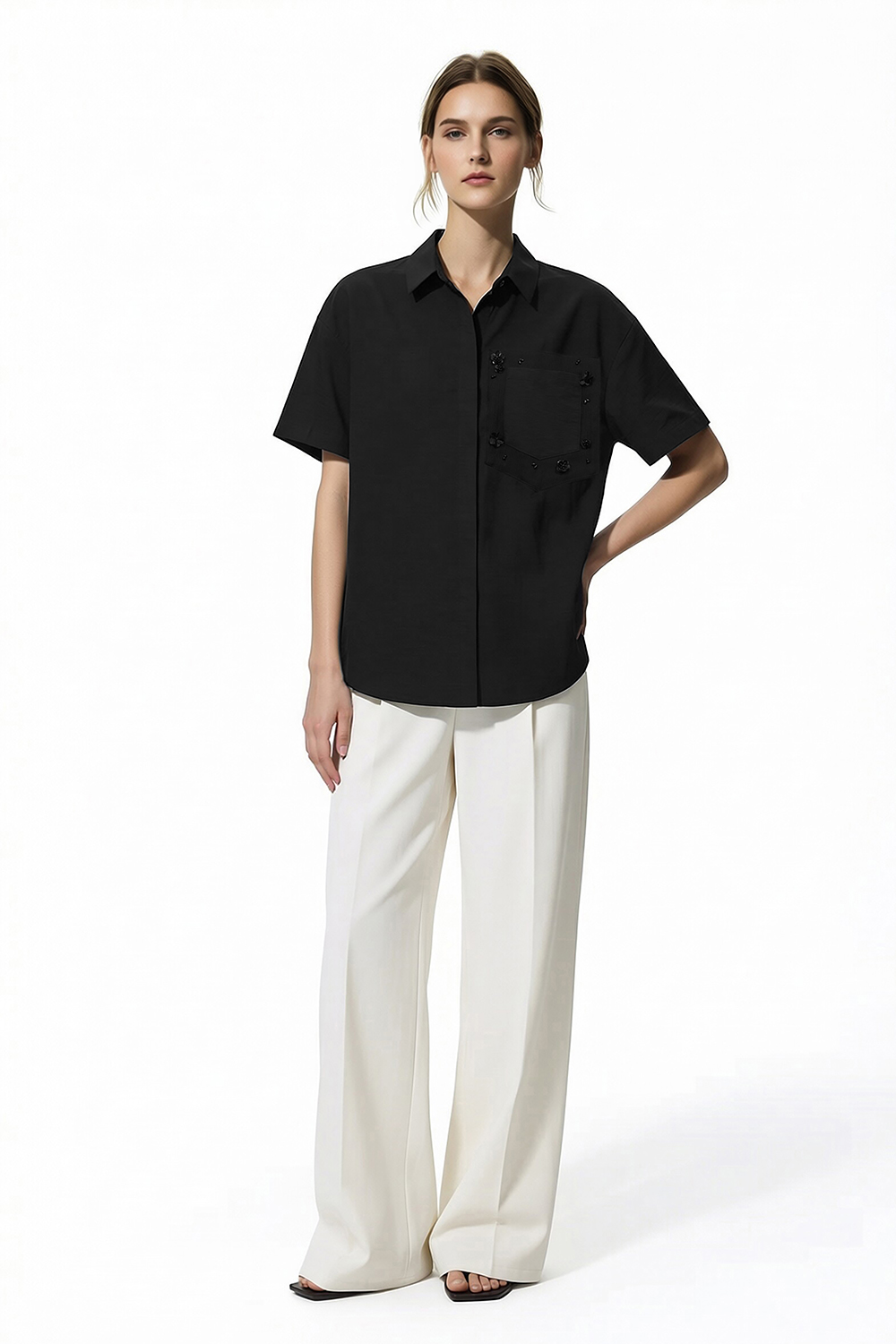 Beaded Floral Lapel Shirt|AMII