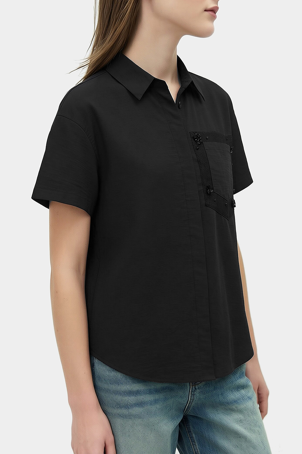 Beaded Floral Lapel Shirt|AMII