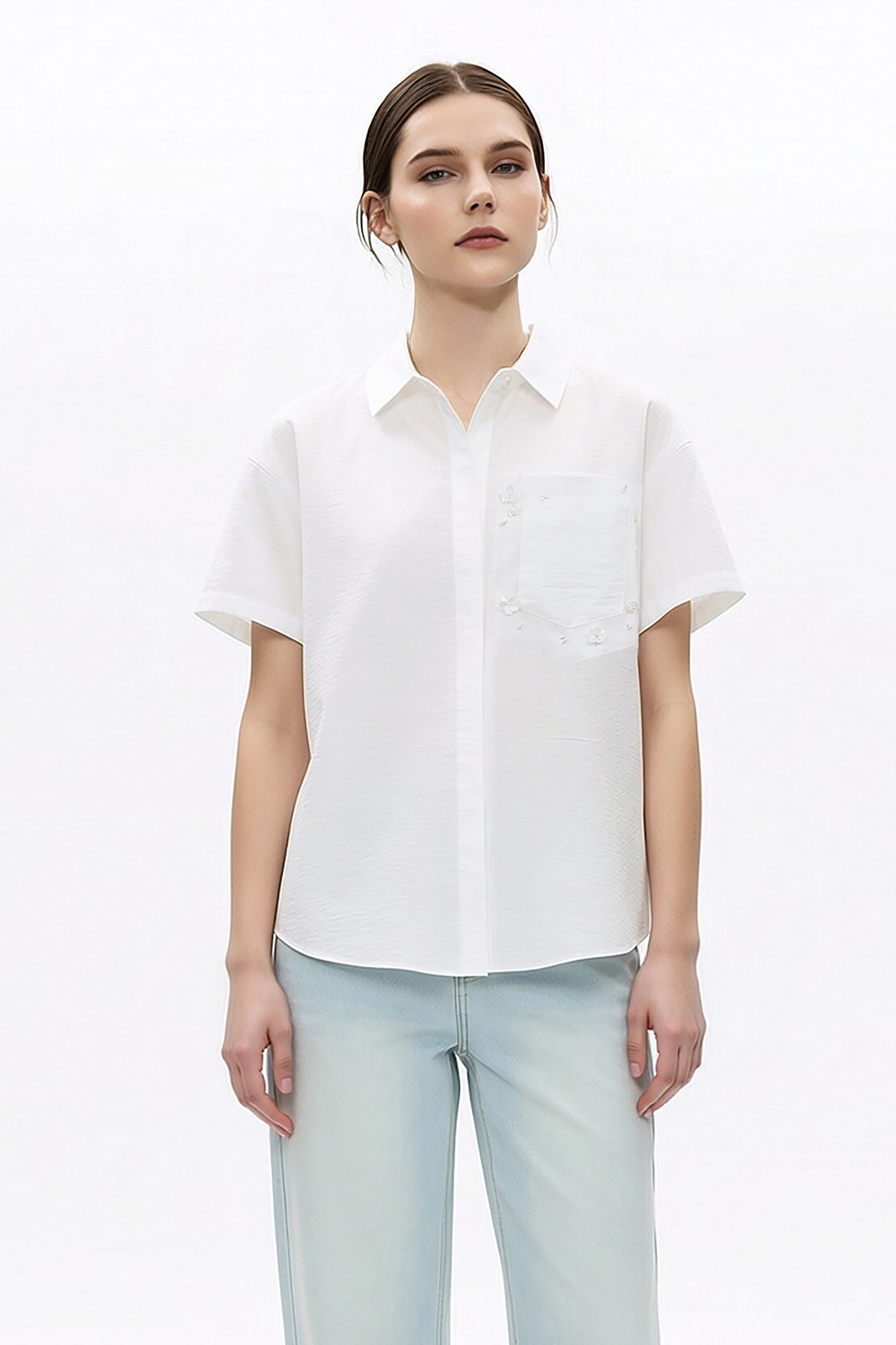 Beaded Floral Lapel Shirt|AMII