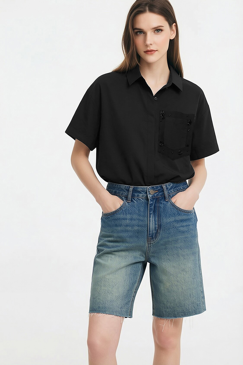 Beaded Floral Lapel Shirt|AMII