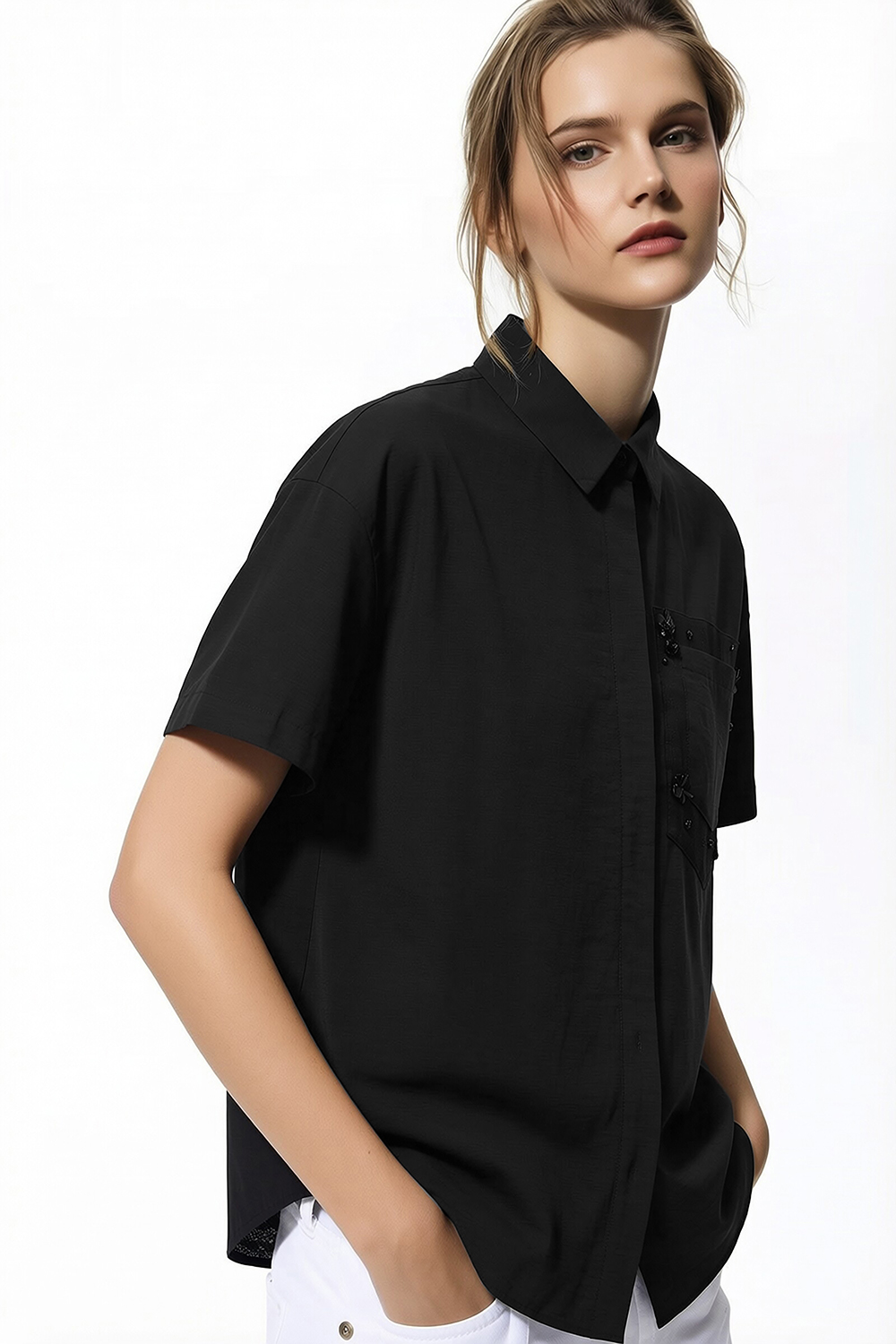 Beaded Floral Lapel Shirt|AMII
