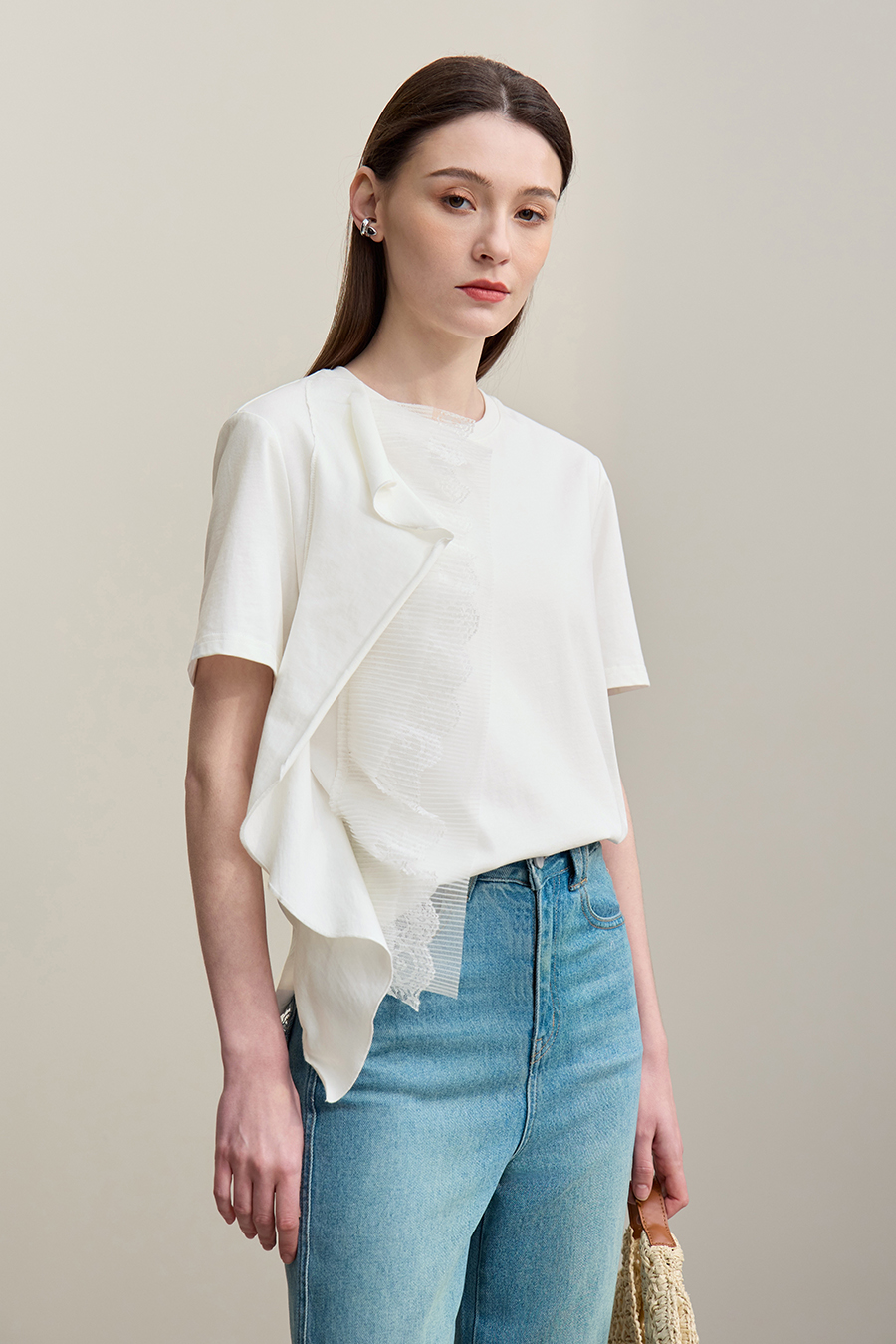 Lace Spliced Ruffled T-shirt|AMII