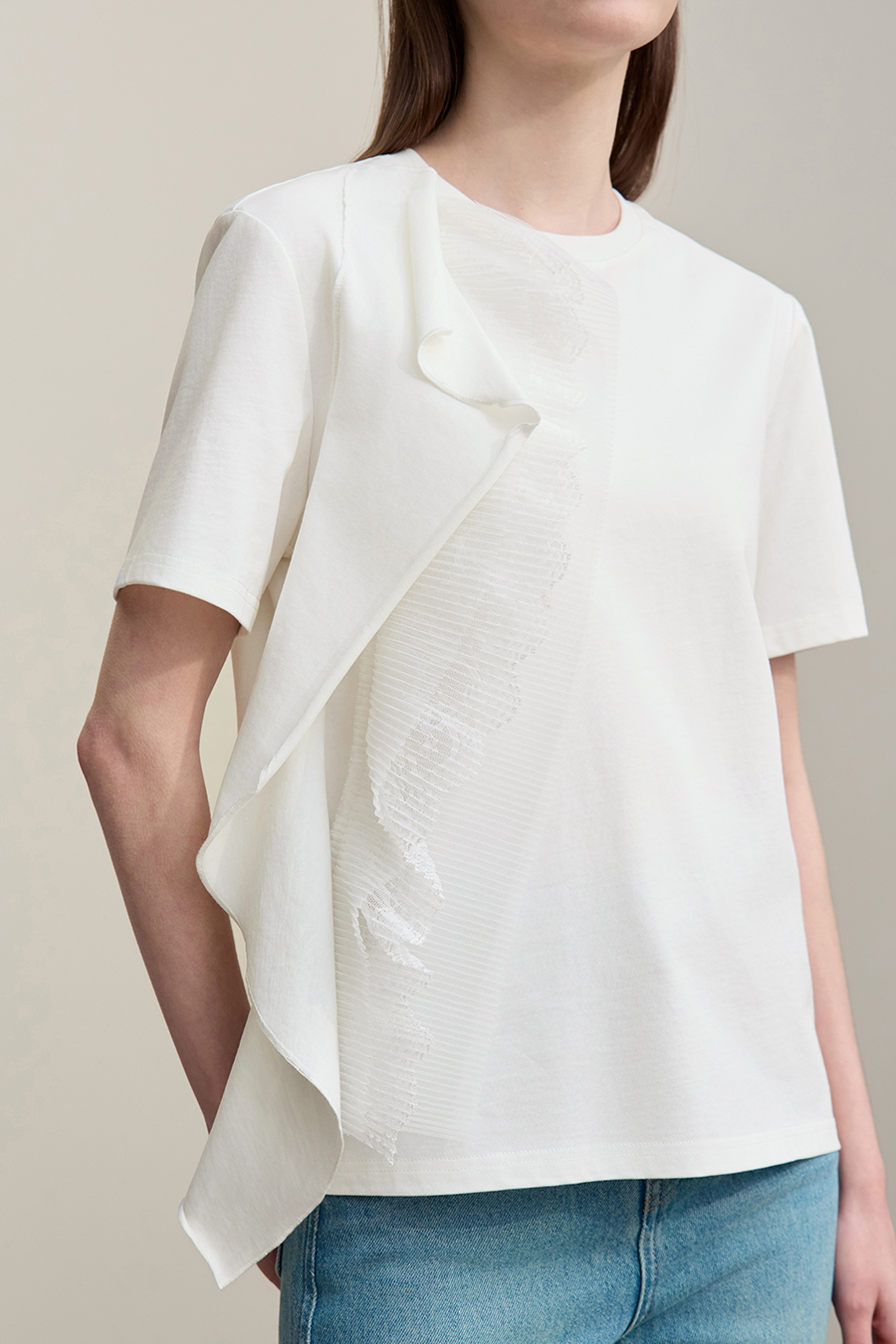 Lace Spliced Ruffled T-shirt|AMII
