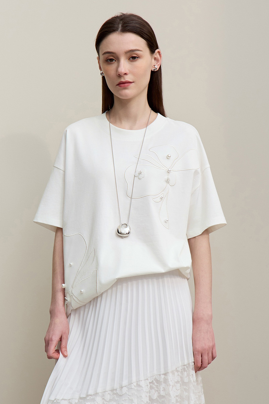 Beaded Flower Applique T-shirt