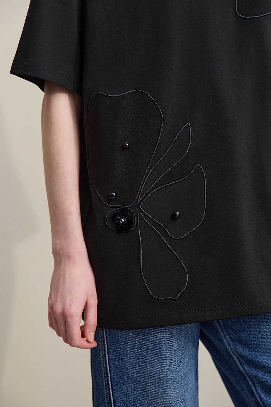 Beaded Flower Applique T-shirt