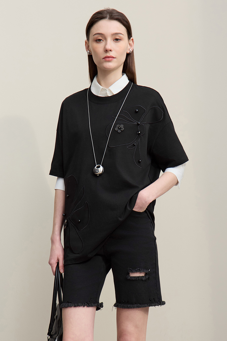 Beaded Flower Applique T-shirt