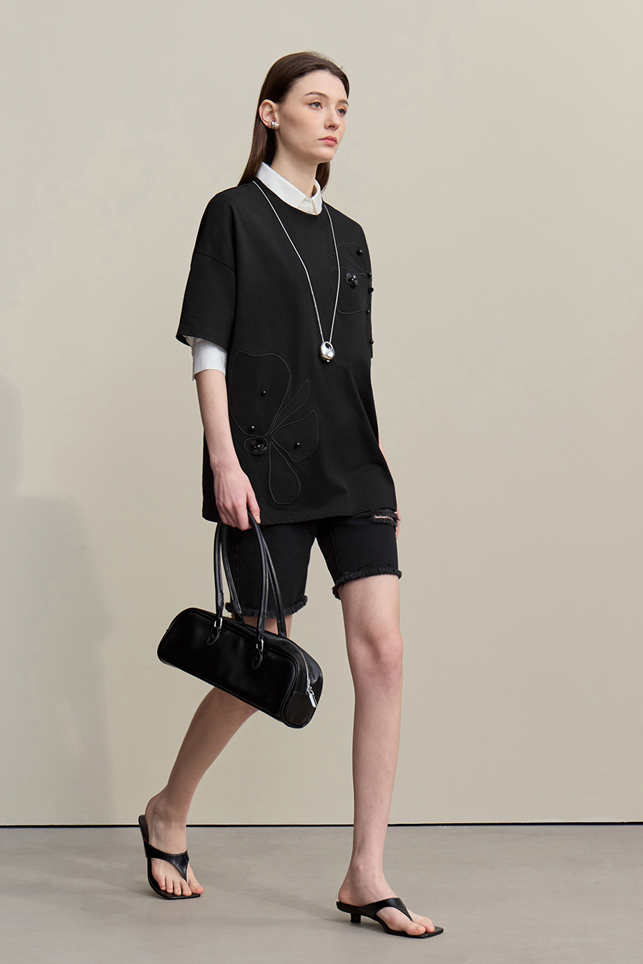 Beaded Flower Applique T-shirt