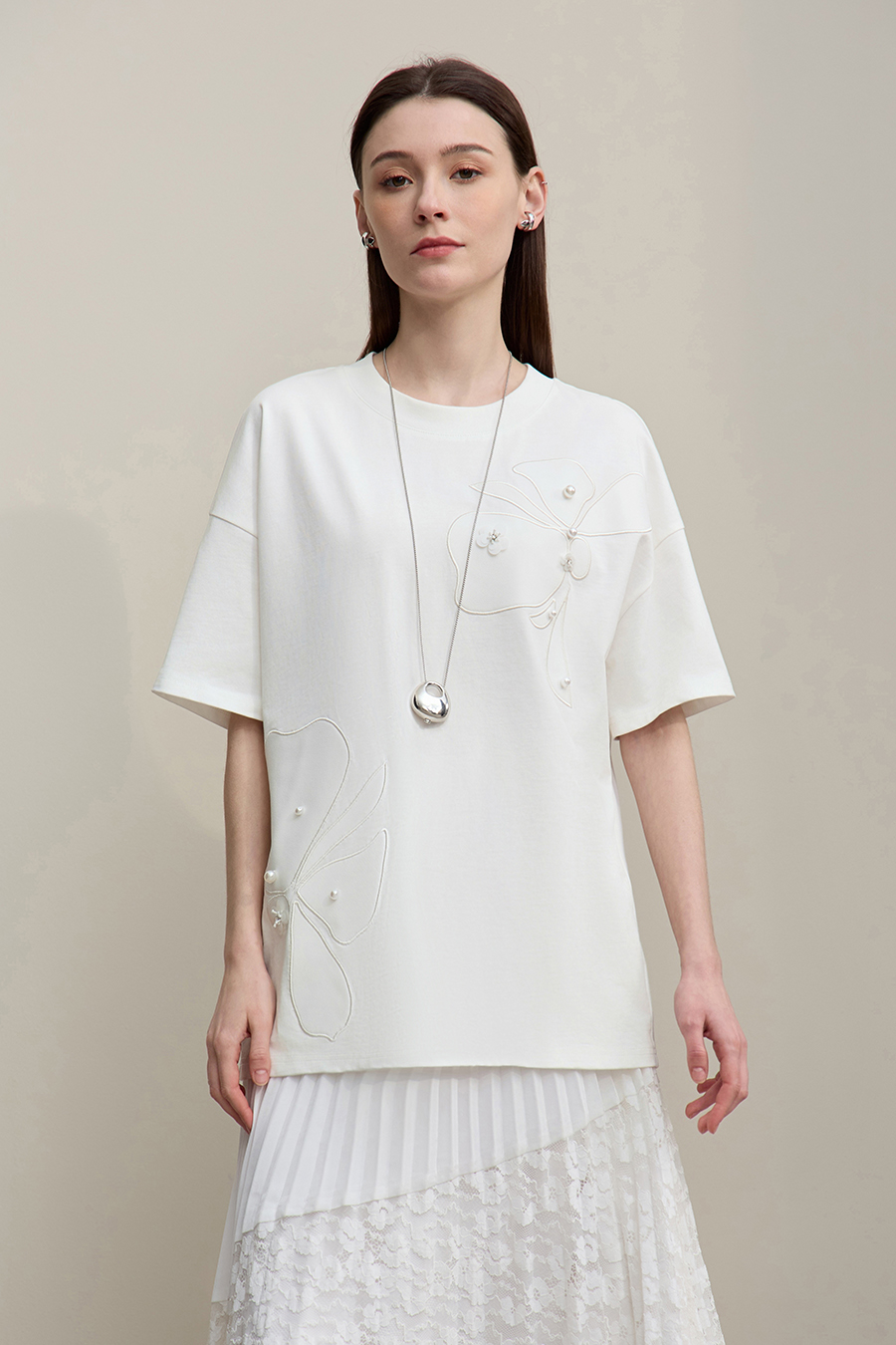 Beaded Flower Applique T-shirt