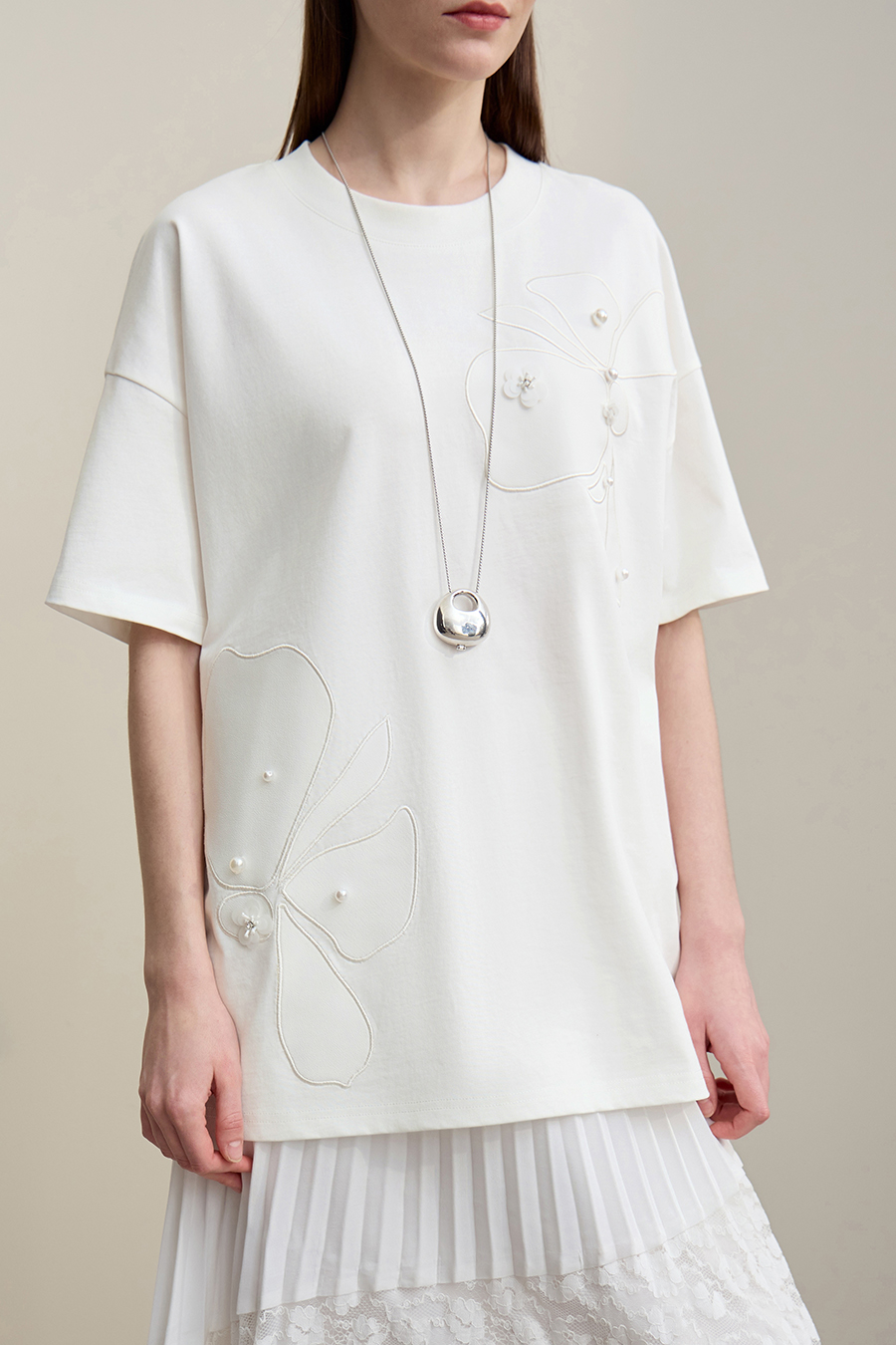 Beaded Flower Applique T-shirt
