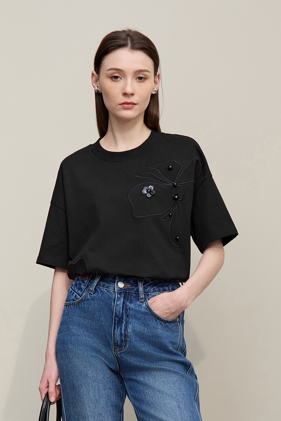 Beaded Flower Applique T-shirt