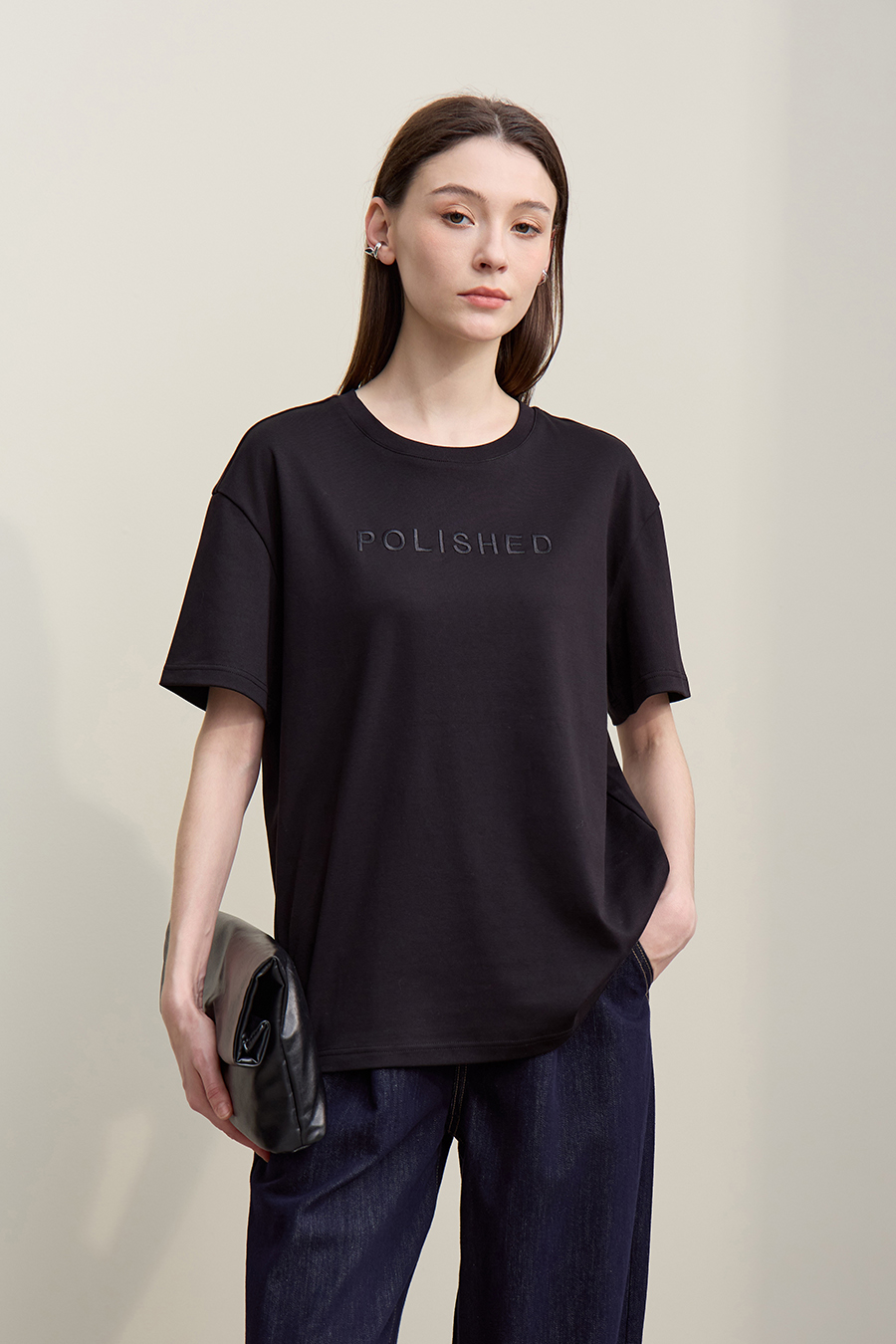 Letter Embroidered Pure Cotton T-shirt|AMII