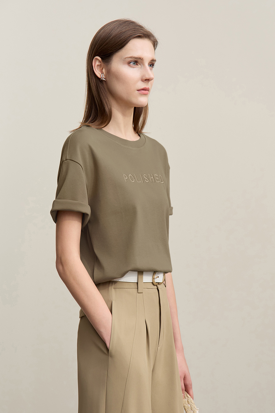 Letter Embroidered Pure Cotton T-shirt|AMII