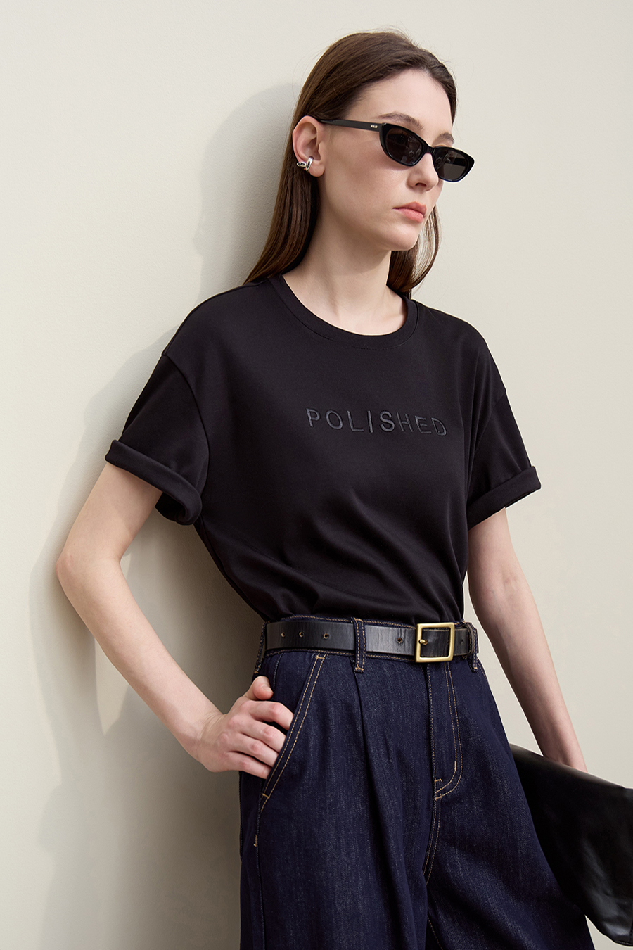 Letter Embroidered Pure Cotton T-shirt|AMII