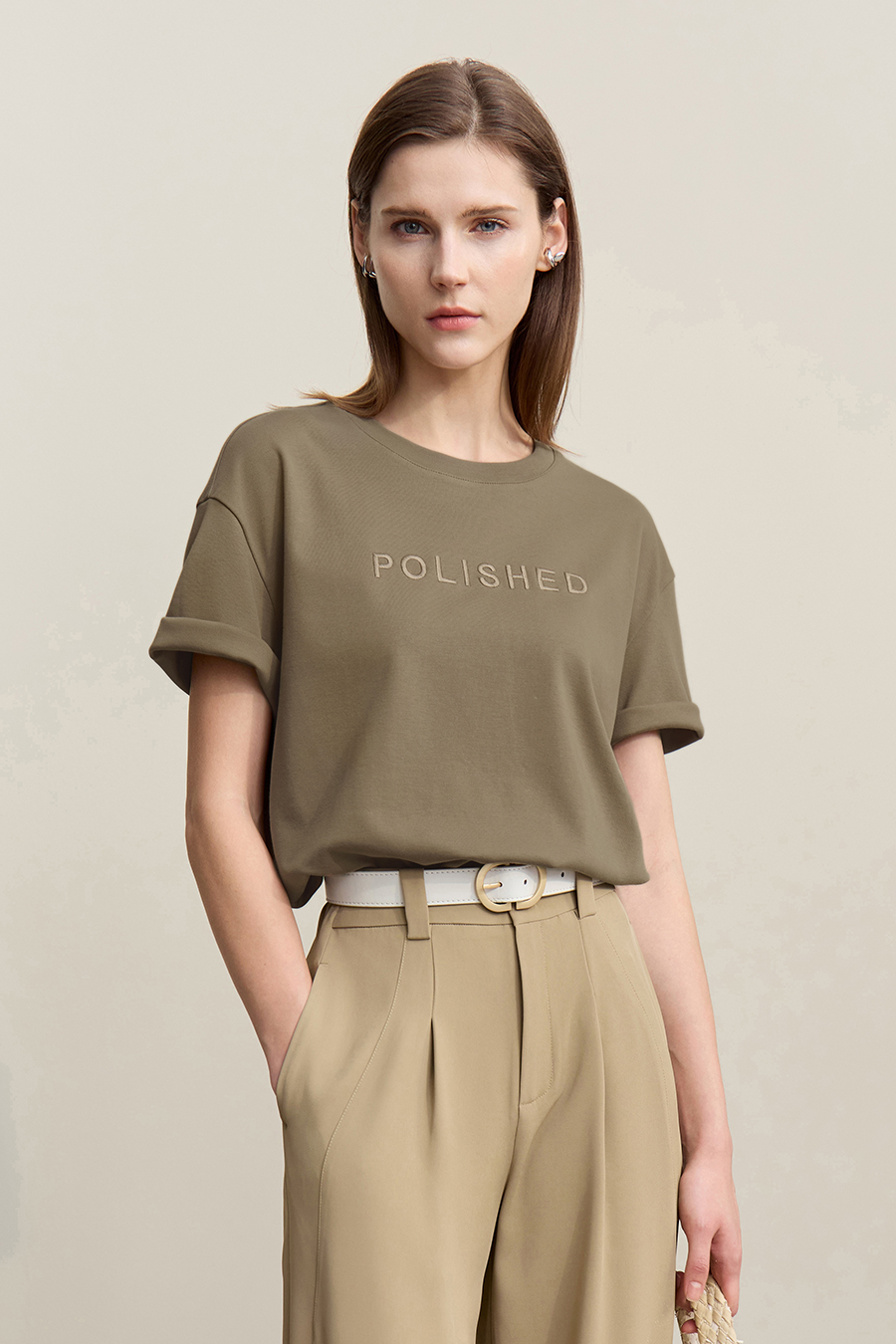 Letter Embroidered Pure Cotton T-shirt|AMII