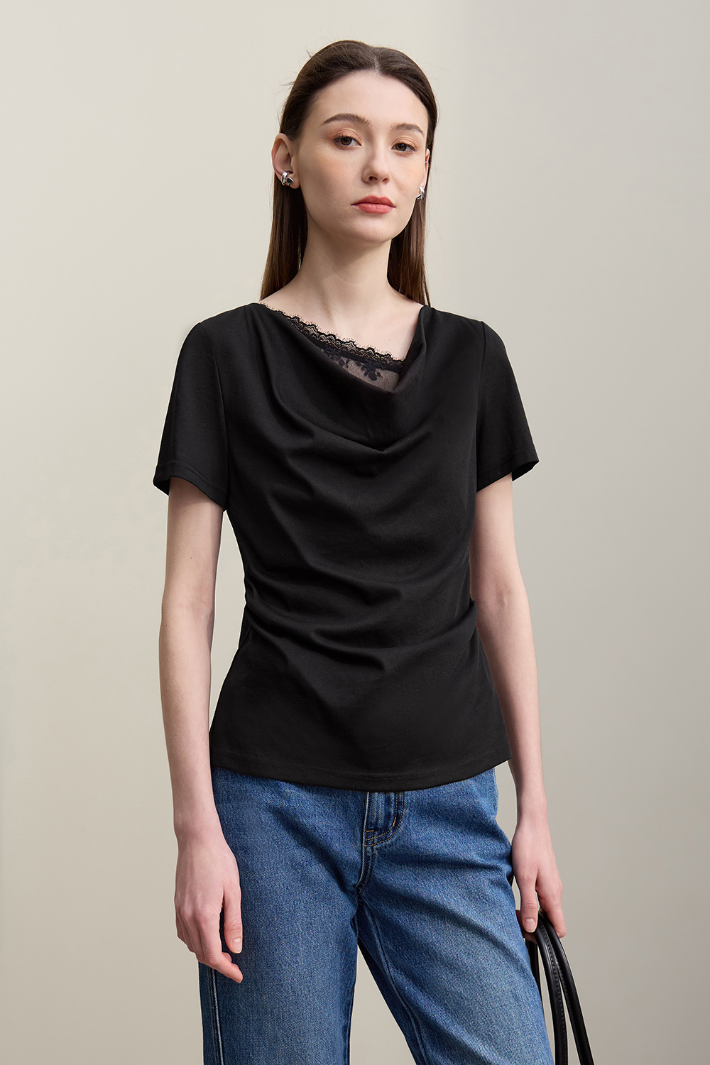 Lace Spliced Cowl Neck T-Shirt|AMII