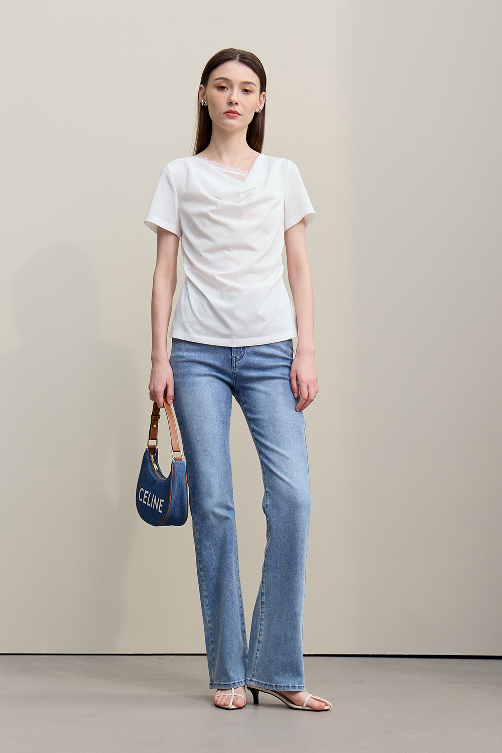 Lace Spliced Cowl Neck T-Shirt|AMII